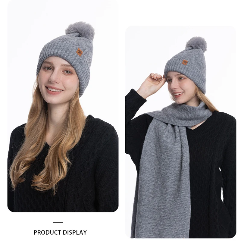 Conjunto de tres piezas de ropa de otoño e invierno: gorro, guantes y bufanda de punto de lana con forro polar de doble capa