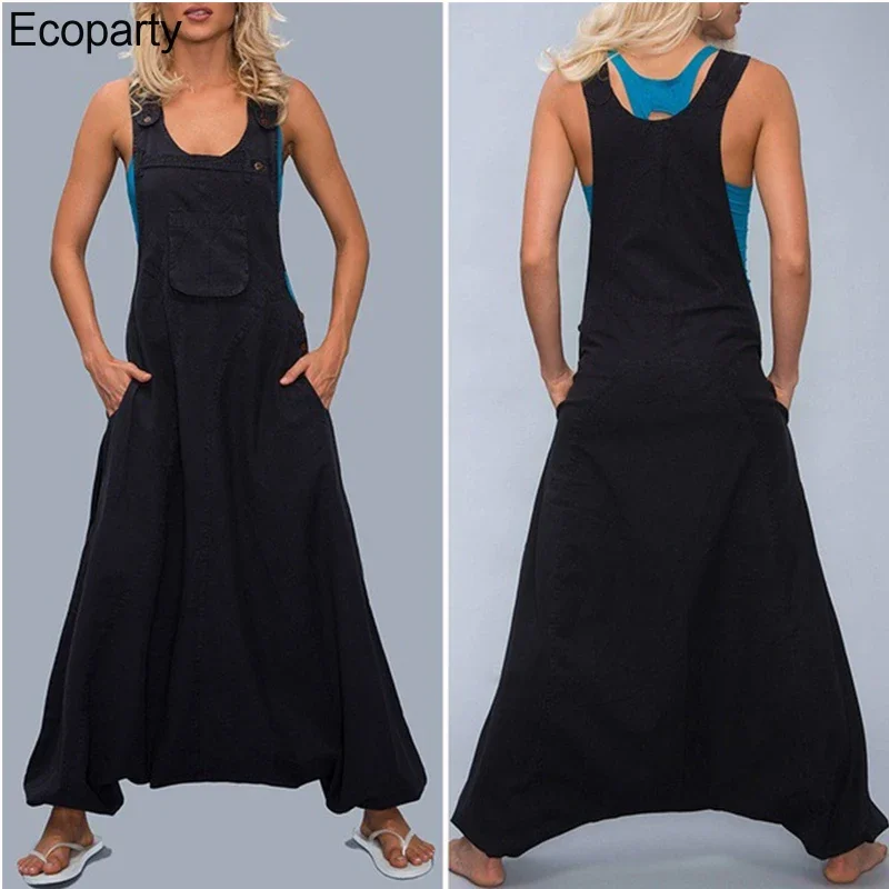 Womens summer Loose Jumpsuits Harem Pants Wide Leg Pants Sleeveless Pockets Bib Jumpsuit Siamese Trousers For Lady Large Size 35