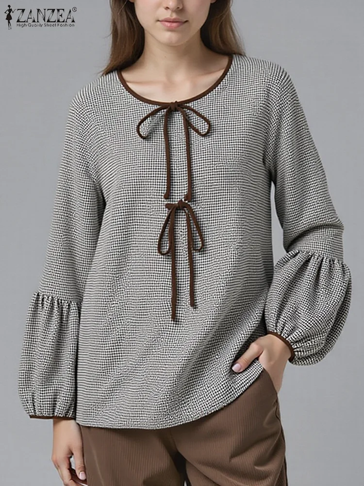 ZANZEA 2025 Autumn Women Bowtie Plaid Blouse Fashion Printed Lace Up Shirts Holiday Sweety Long Sleeve Tops Casual Loose Tunics