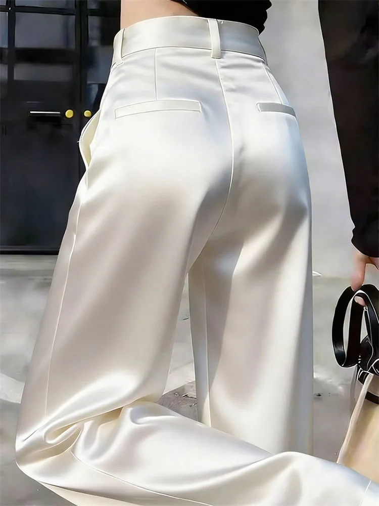 Women Solid Color Acetate Satin Wide Leg Pantalons Korean Lady Fashion Casual Trousers Summer Femme High Waist Straight Leg Pant