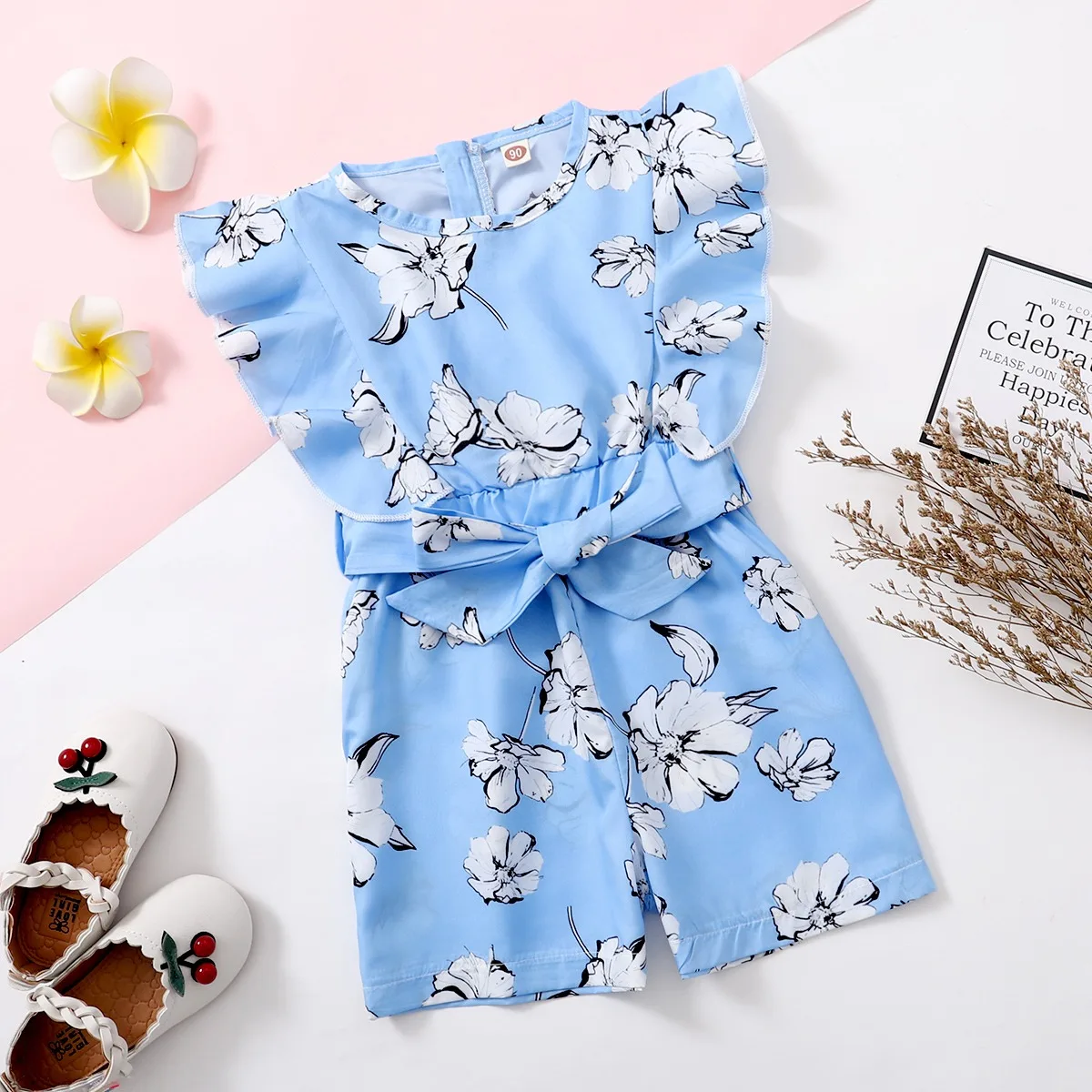 Child Girl Jumpsuit Flutter Sleeve Solid Color flower with Belt Clothes Summer Holiday fashion Party Wear for Kid Girl 1-6 Years