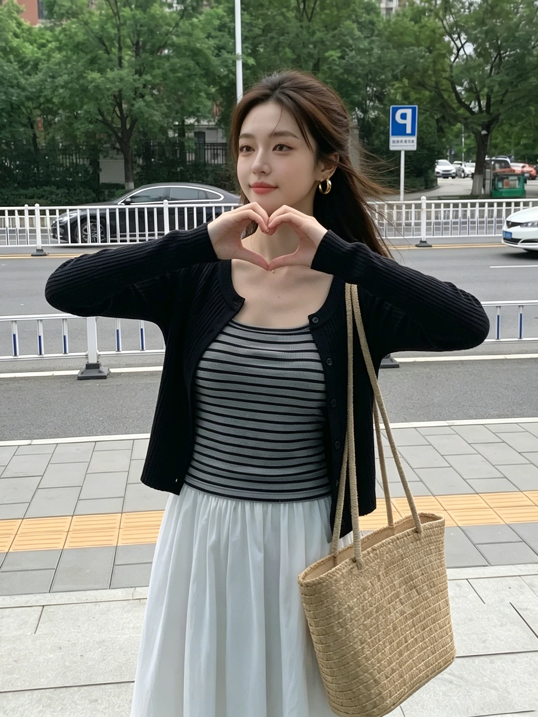 

Korean Striped Long Sleeve Vest Black Open Cardigan T-Shirt Two-Piece Set Women's Spring Autumn Slim Inner Wear Strap Top