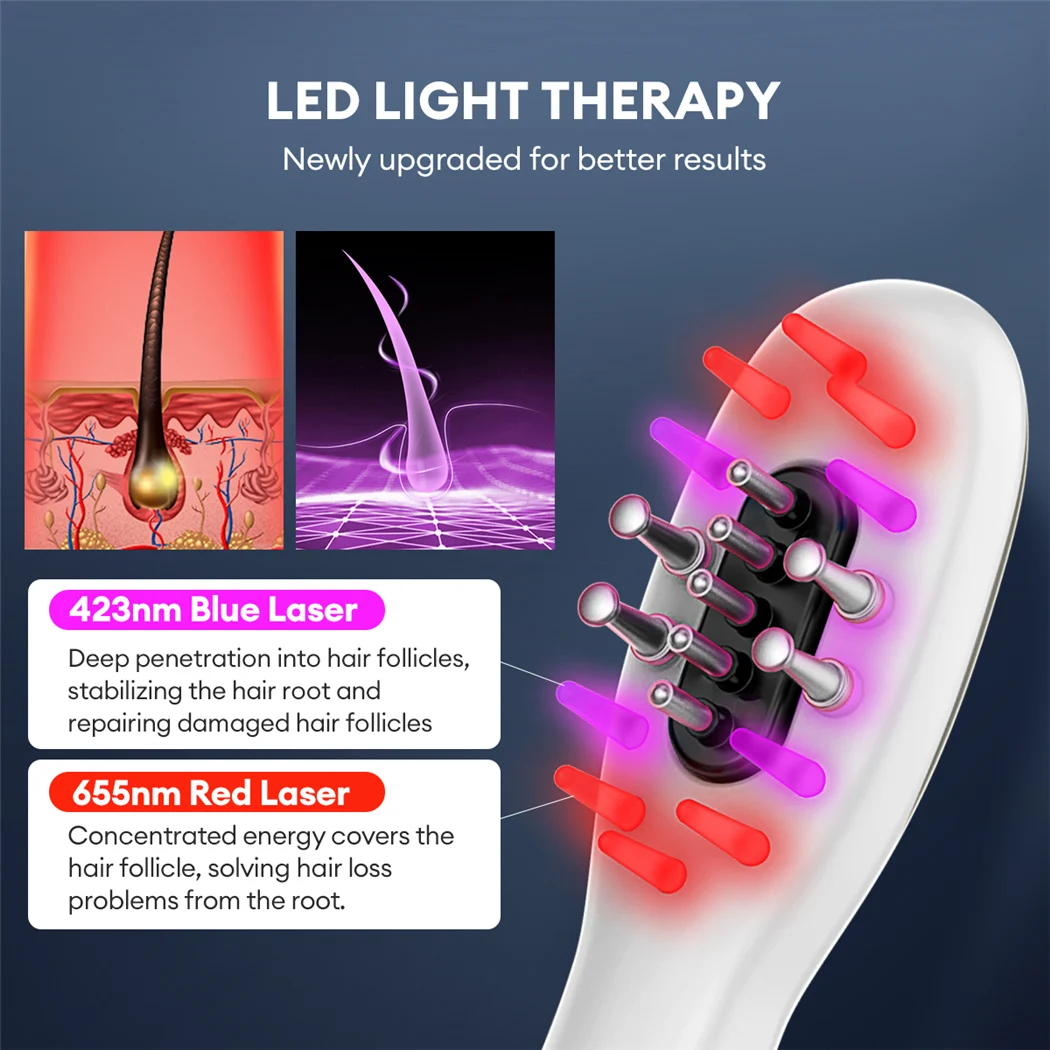 CkeyiN EMS 전기 마사지 빗 진동 LED 블루 레드 라이트 테라피 헤어 마사지 두피 브러시, 모발 성장 탈모 방지