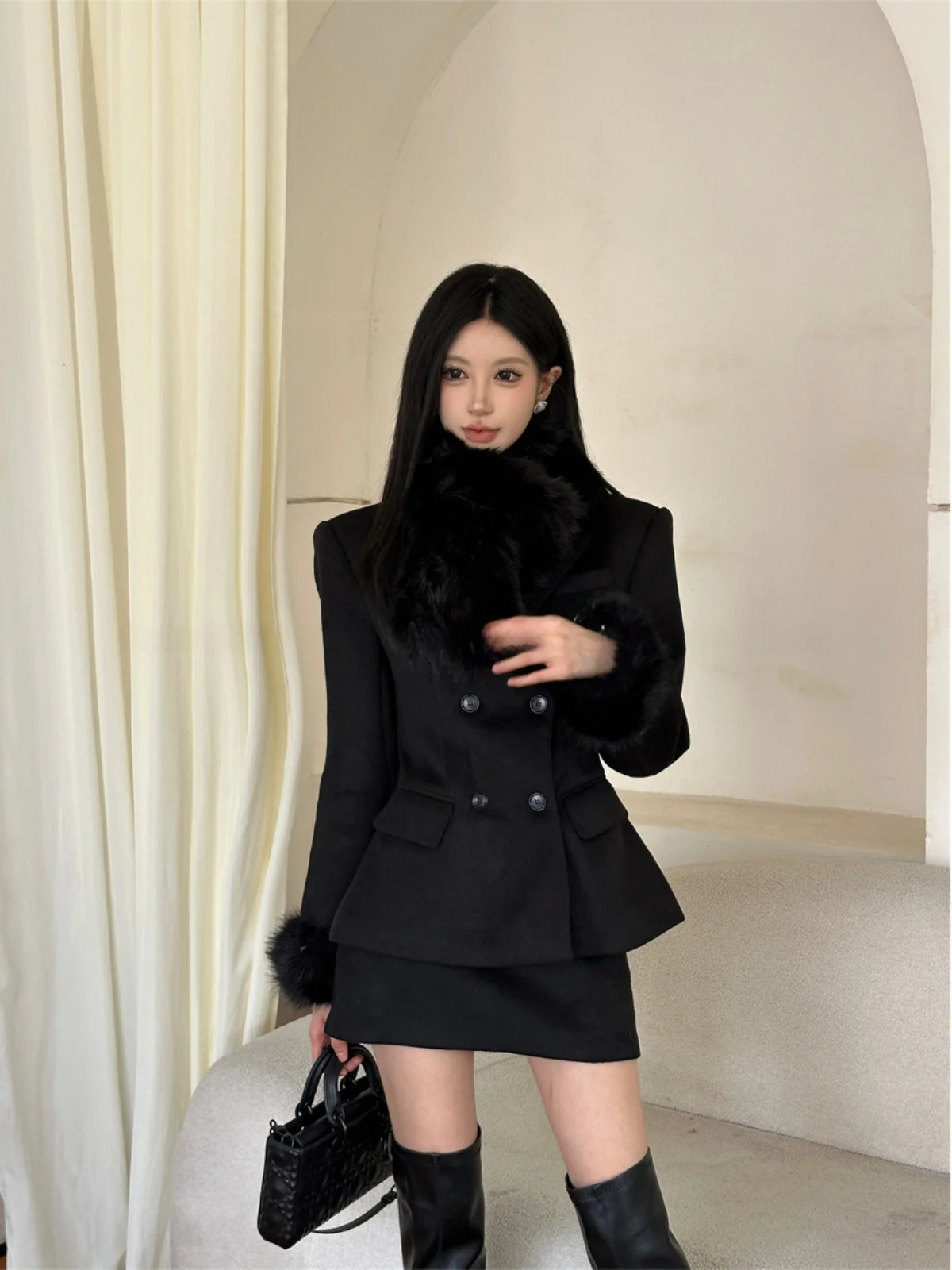 

Mimosa Miss Muse Advanced Outfit Wool Blend Hourglass Waistcoat Woolen Coat Half Skirt Set Polyester Fiber Winter Collection