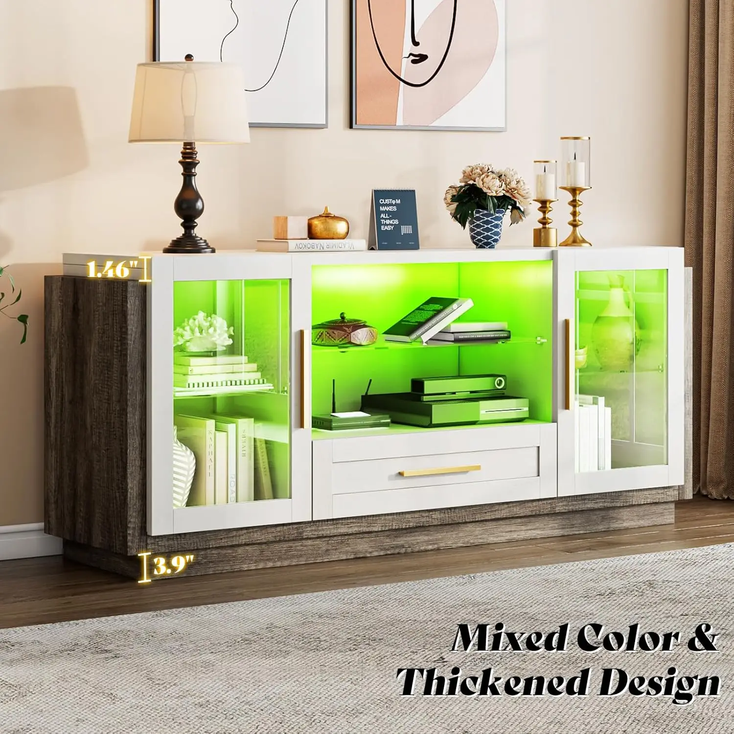 60 "Dressoir Buffetkast Met Led Licht, Gemengde Kleur Accentkast Met Glazen Deuren En Verstelbare Planken, Moderne Consoletafel