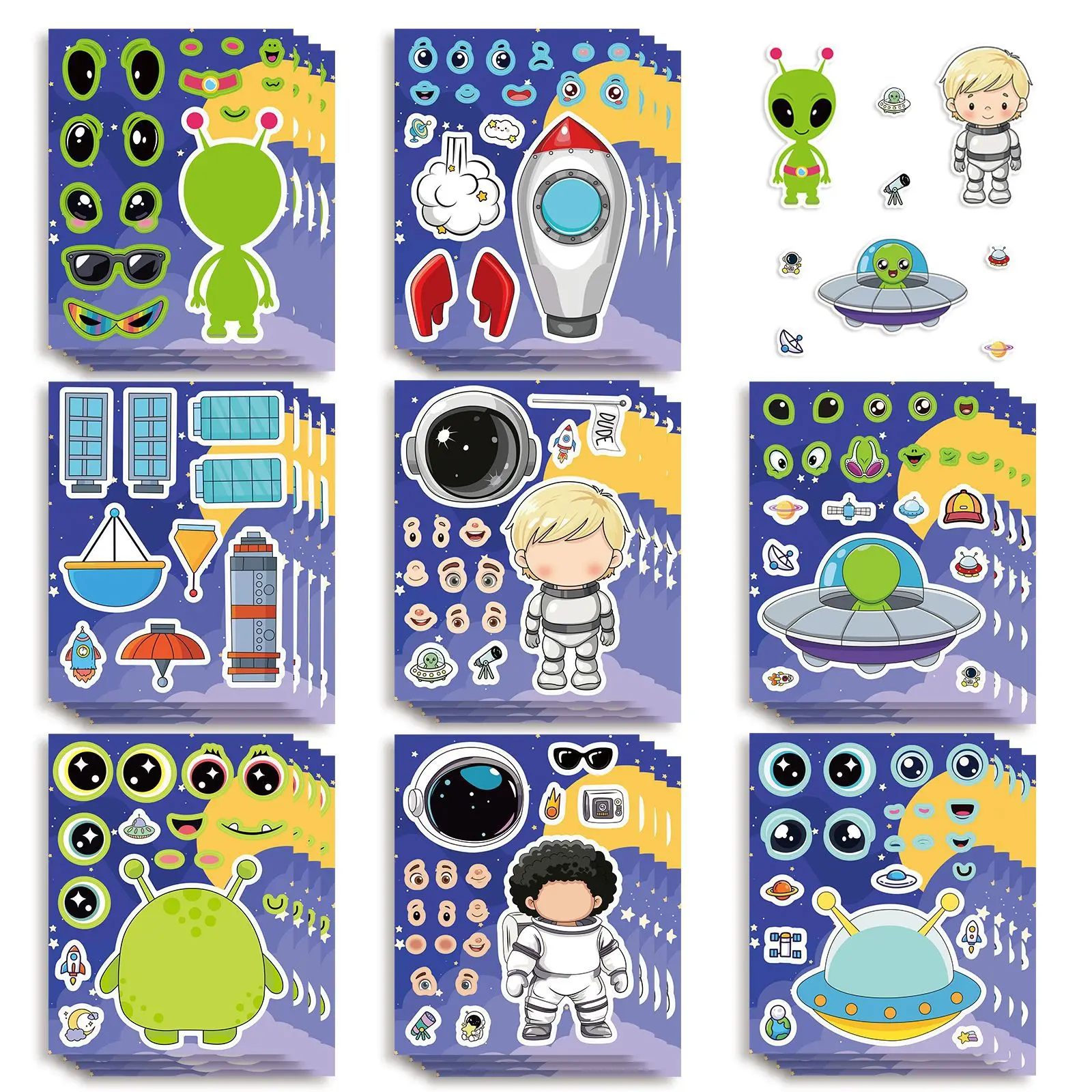 8Sheets Make Your Own Space Character Stickers DIY Mix and Match Face Puzzle Stickers Astronaut Alien Rocket UFO Craft Stickers