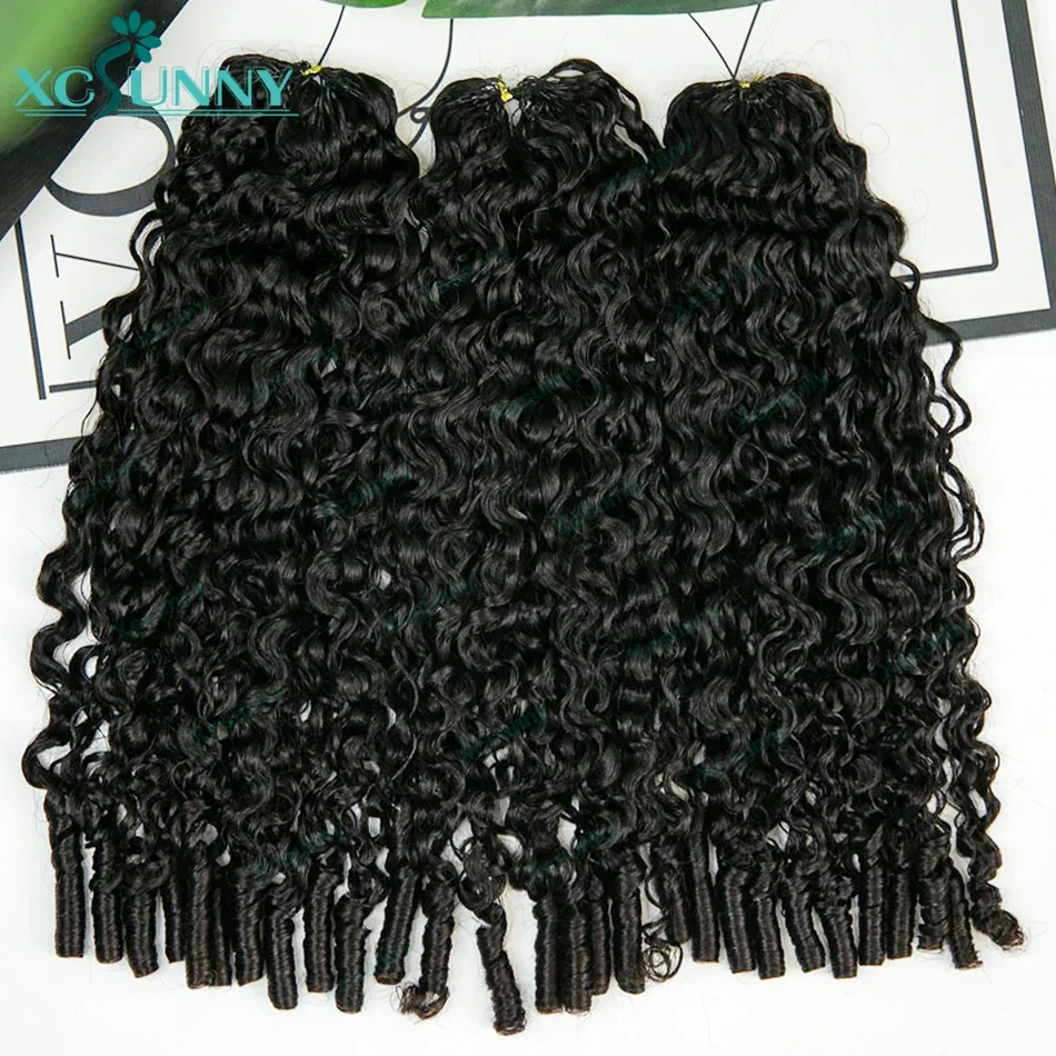 ريشة الكروشيه الضفائر شعر الإنسان موجة المياه Knotless قبل فصل ريشة الكروشيه وصلات شعر بشري بأطراف مجعدة ضيقة