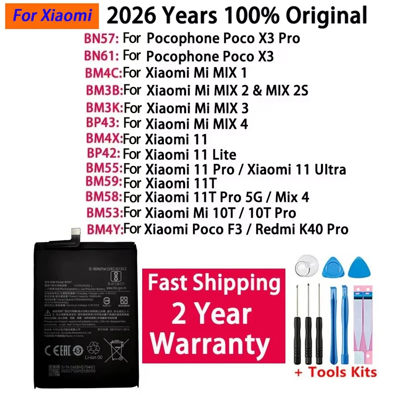 2026 Years 100% Original Battery For Xiaomi Mi Mix 1 2 2S 3 4 Poco X3 F3 Redmi K40 10T 11T Mi 11 Mi11 Lite Ultra Pro Batteries