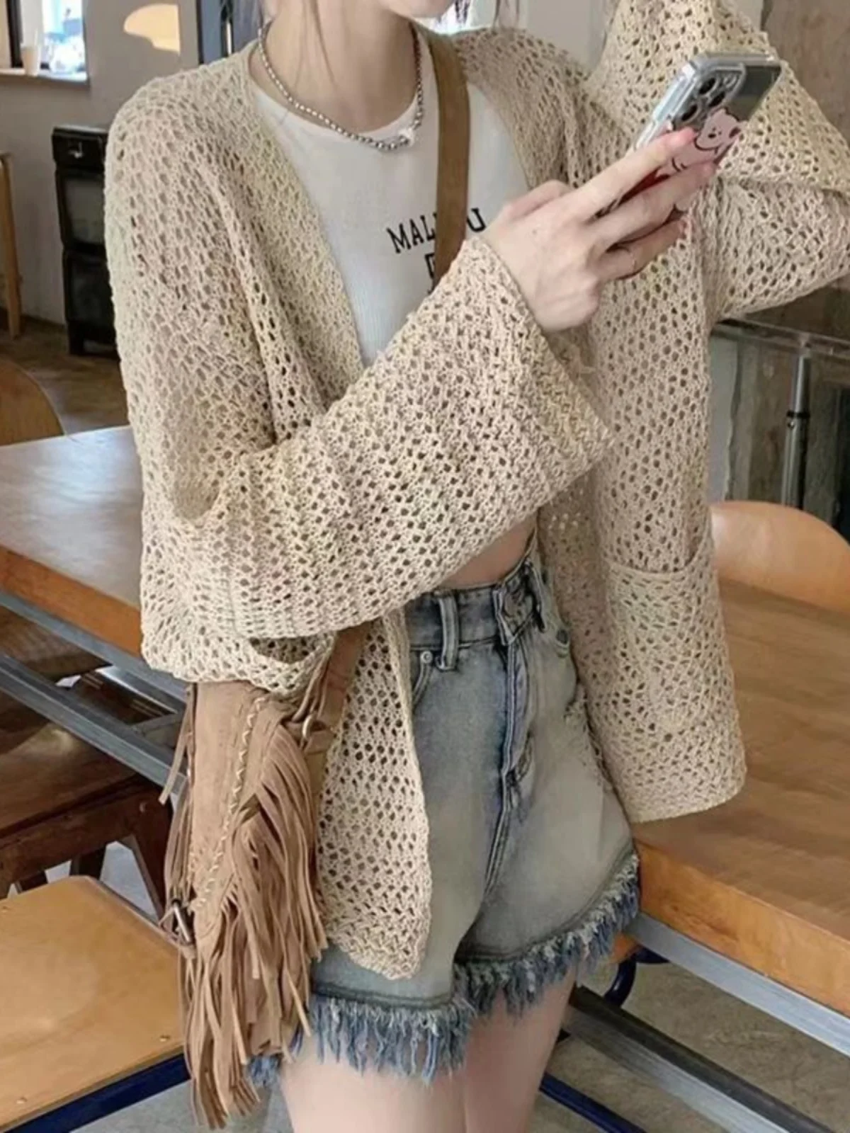 

Loose Women's Cardigan Pure Color Hollow Thin Long Sve V-Ne Open-irt Sle Street Faion Thin Model for Teen Girls