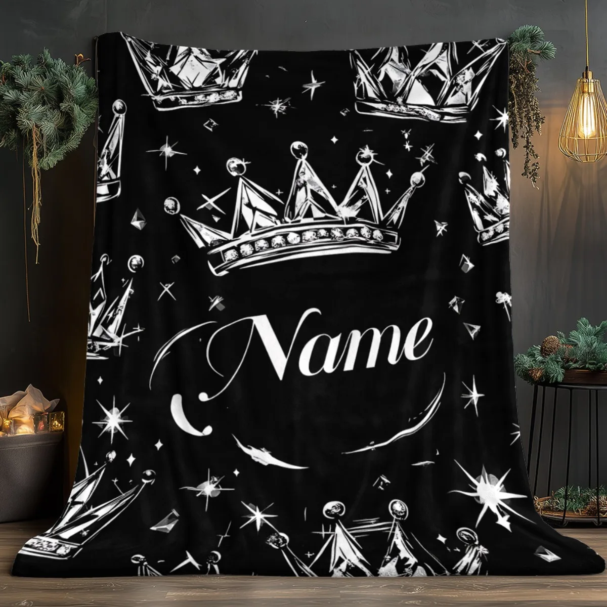 Personalized Crown Blanket Name Royal Design Stars Pattern Soft Fleece Throw Princess Gift Home Decor Glamour Art