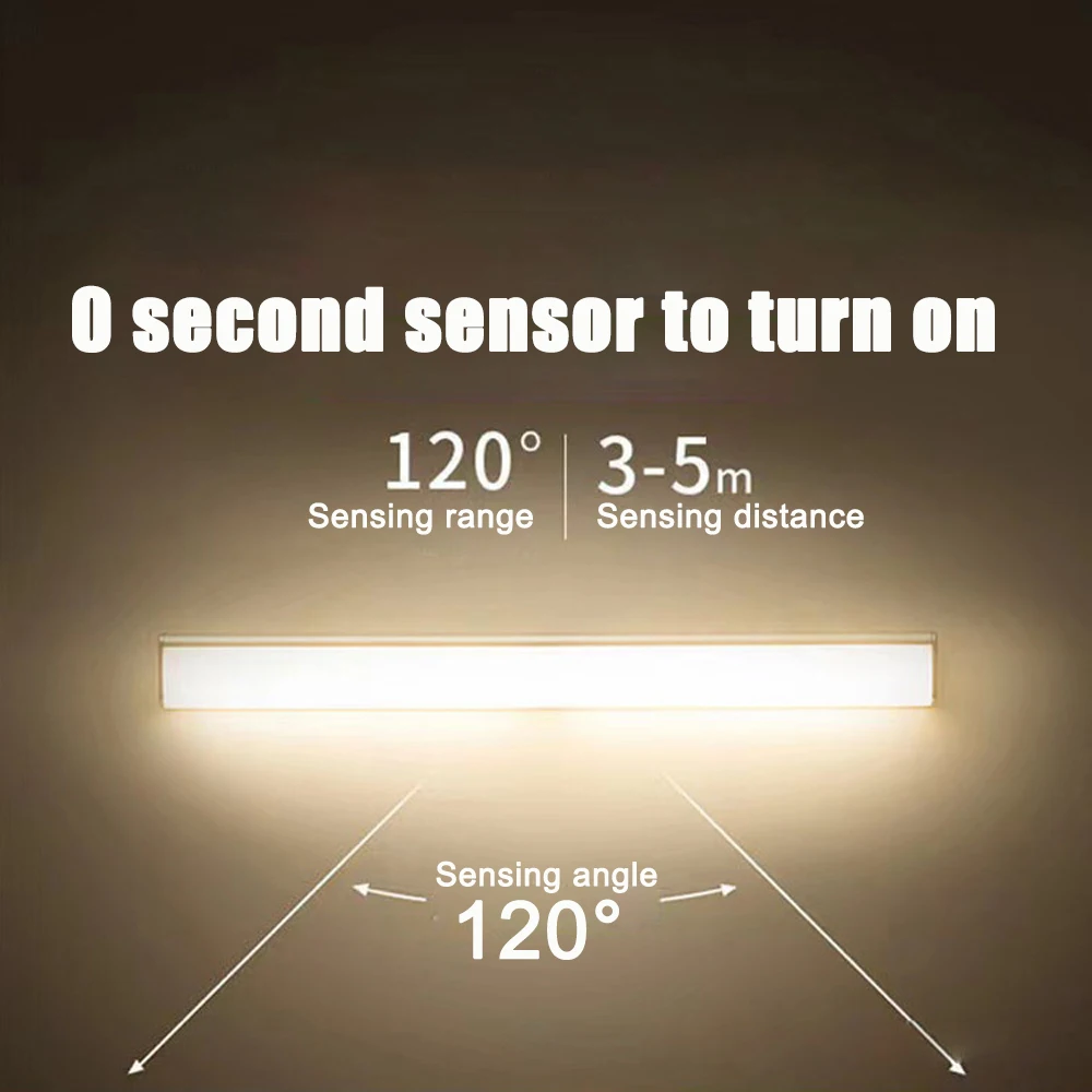 Long Motion Sensing Night Light Cabinet Kitchen Closet 3 Modes Bookcase Bedside Clothes Rechargeable Portable Lamp