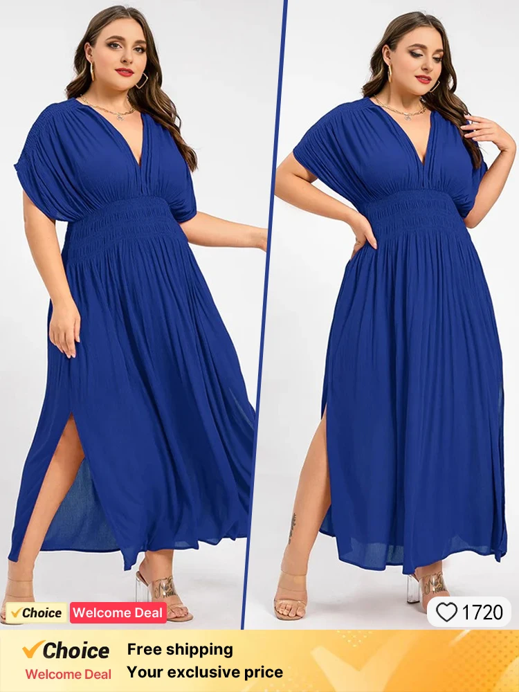 

2025 Summer plus size women's dress dark blue new chiffon waist pleated dress elegant casual vacation women's long skirt