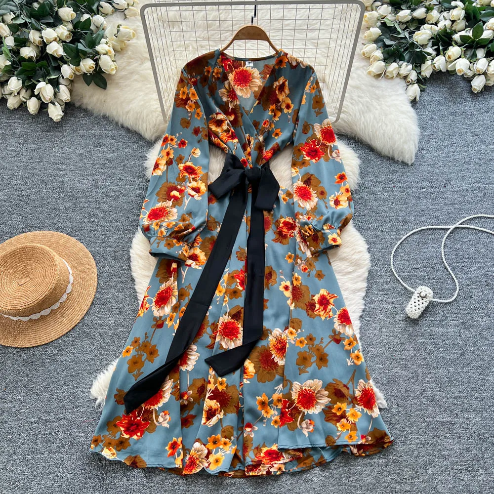 Chic vintage lanterne manches imprimer mince élégant fée mode coréenne Boho robe d'été femmes vêtements robe longue