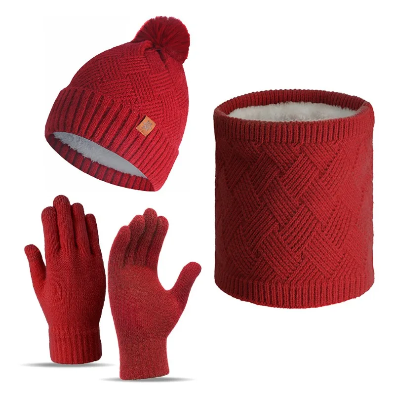 مجموعة جديدة عصرية وبسيطة مكونة من ثلاث قطع من المخمل المقاوم للبرد والدافئ وقفازات محبوكة تعمل باللمس