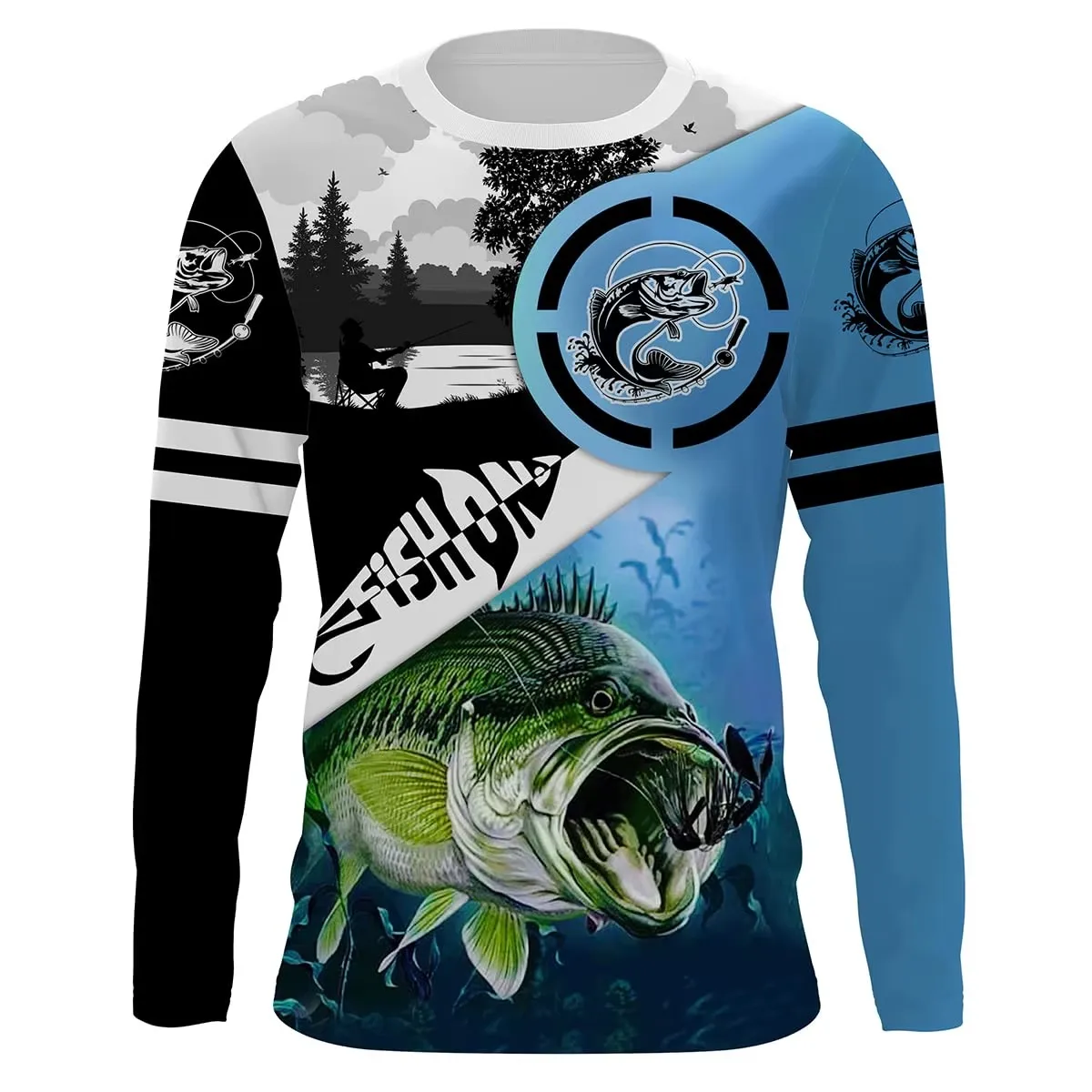 New Green Spring/Summer Men's Outdoor Fishing Shirt 3D Sea Bass Printed Fishing T-shirt Men's Long Sleeve Casual Shirt Top T-shi