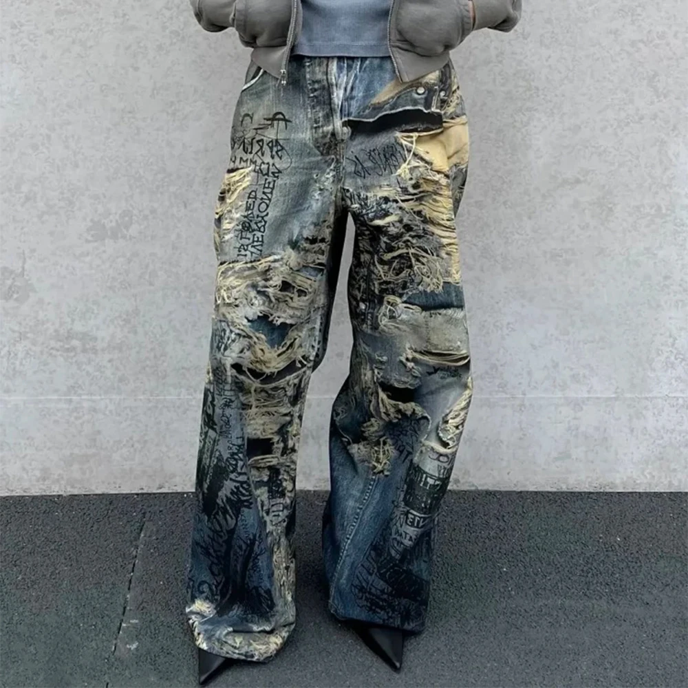 WFMD المرأة سوبر فضفاضة تناسب ممزق الجينز الرجال السراويل التالفة عارضة عالية الخصر ممزق تمتد الدنيم