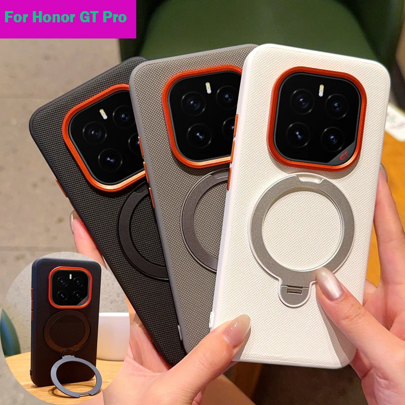 

360 ° Чехол для телефона с вращающейся подставкой для Honor GT Pro Magsafe, защитная рамка с магнитной приподнятой линзой, роскошный противоударный чехол из искусственной кожи
