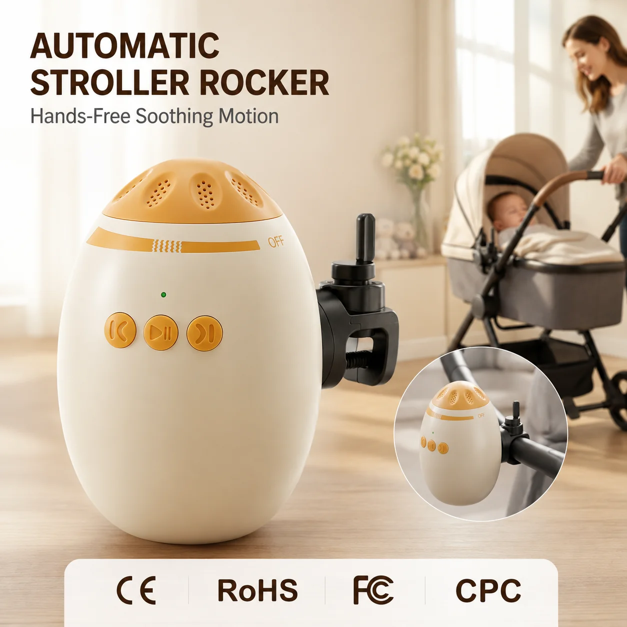 Cadeira de balanço recarregável para carrinho de bebê com ruído branco para carrinho de passeio e cadeira de empurrar com temporizador e balanço sem as mãos.