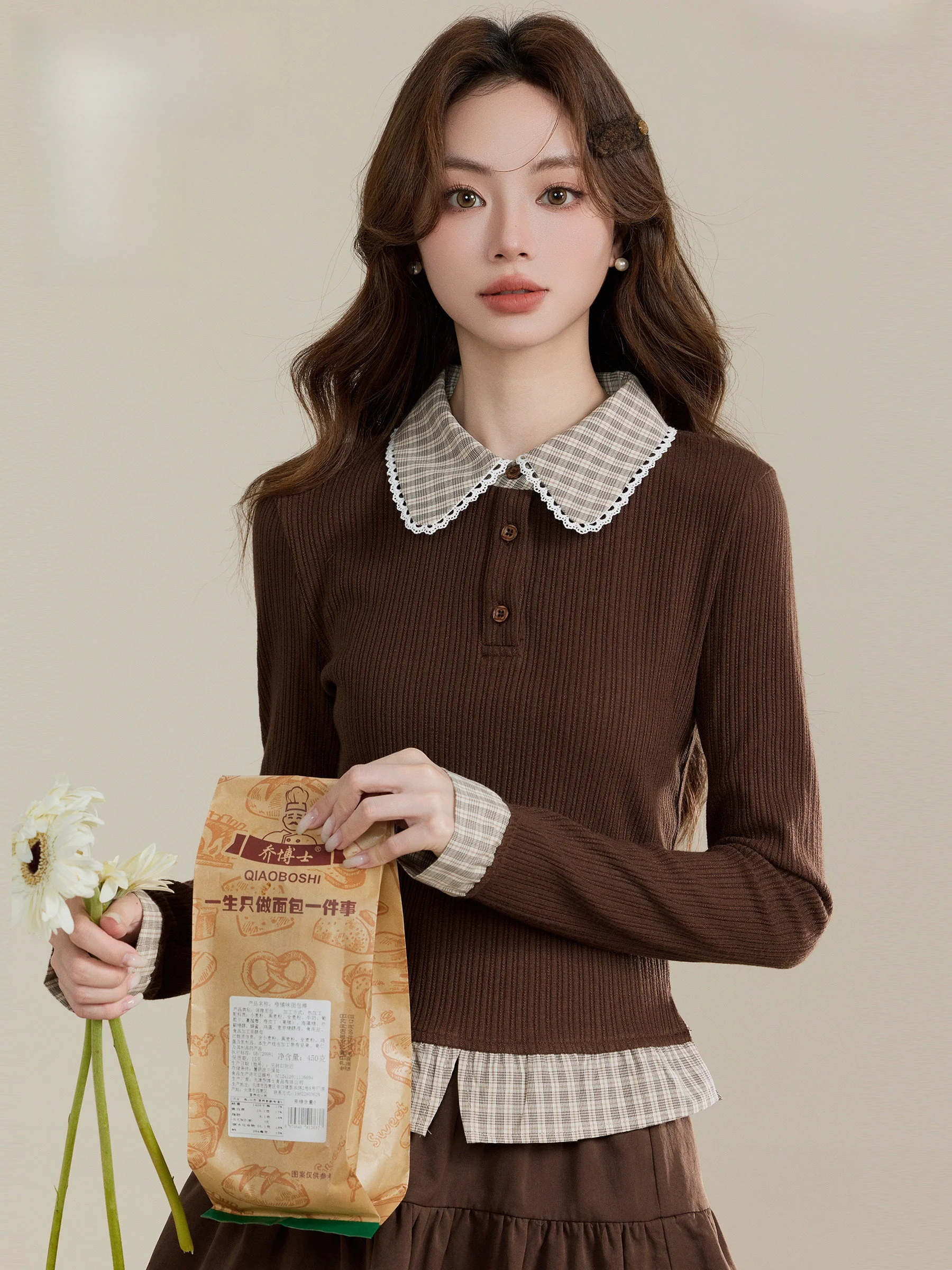 

Long Sve Knitted Sweater Women's Slim Fit Inner irt Fake Two-Piece Collar Design Sweet Sle Polyester Fiber A-Line Sve