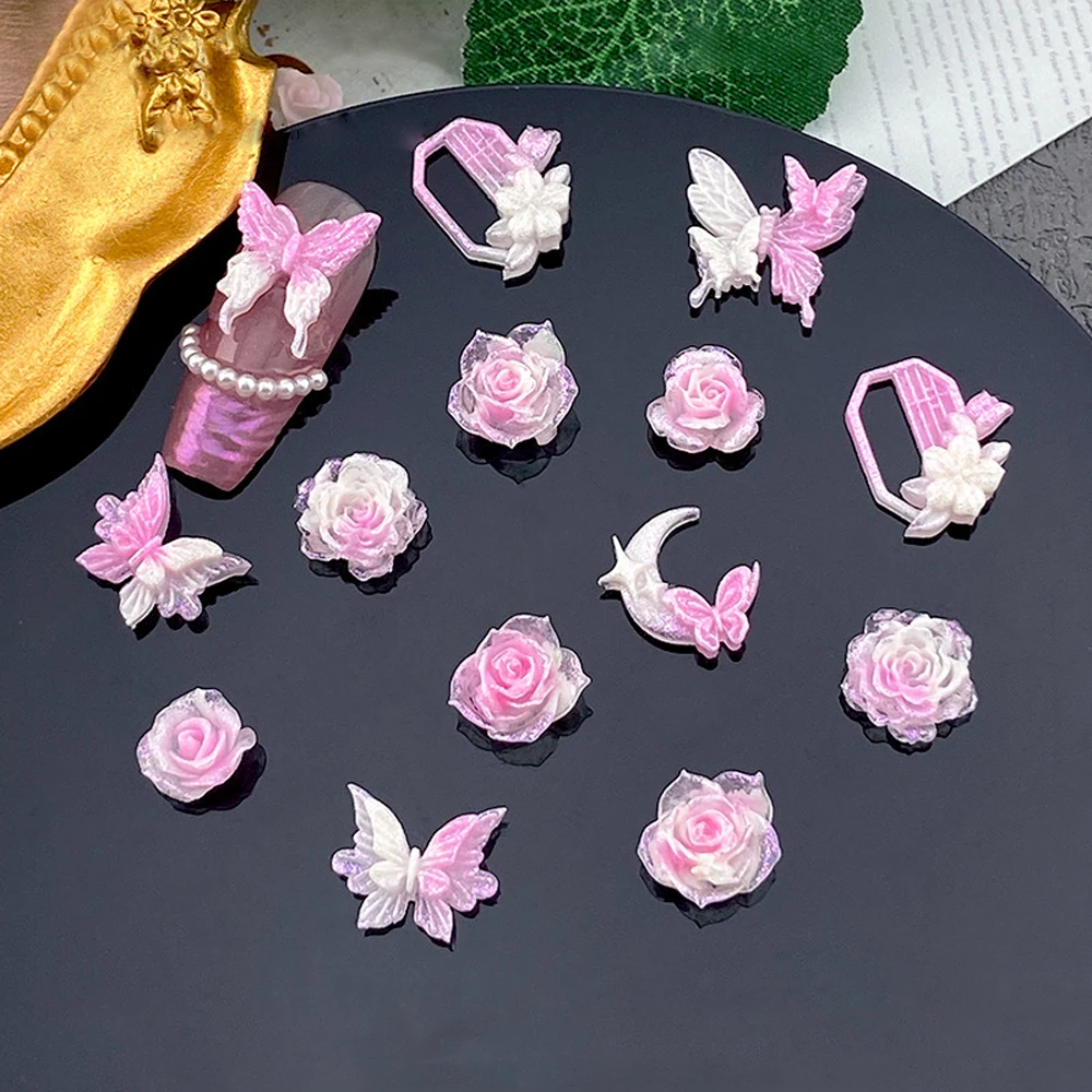 20 pçs branco rosa brilhante flor encantos do prego 3d luminosa borboleta rosa flor decoração da arte do prego diy requintado acessórios do prego