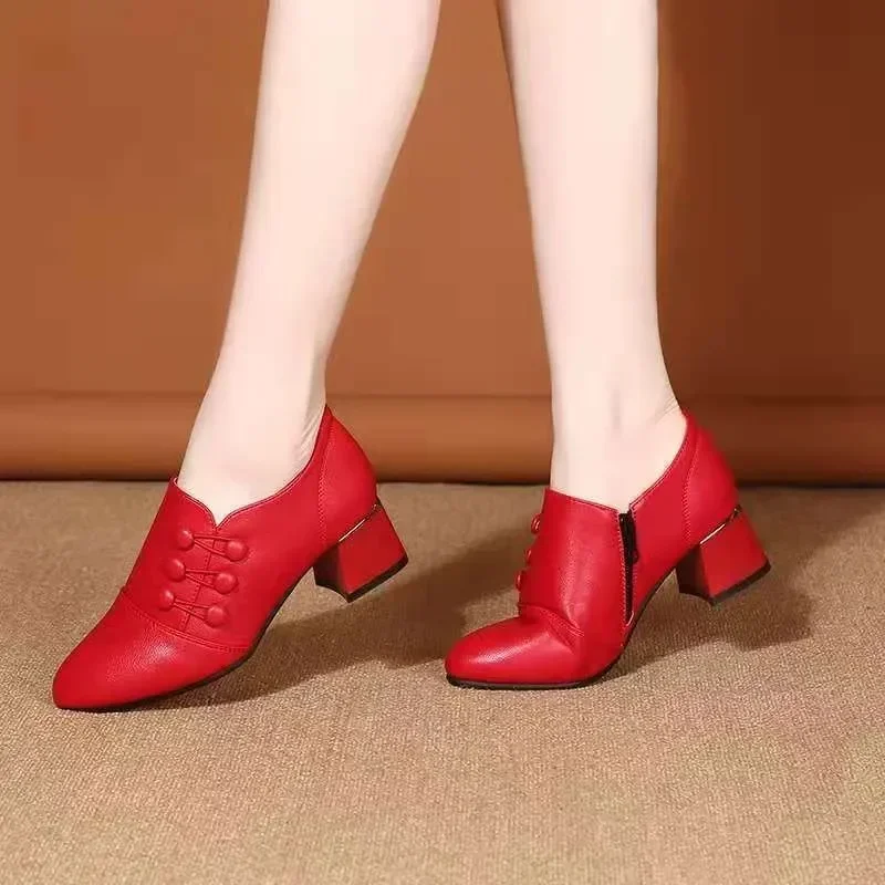 Women\'s Boots 2024 New Casual Leather Shoes for Women Comfort Office Low Boots Pointed Toe Ladies High Heels Red Wedding Shoes