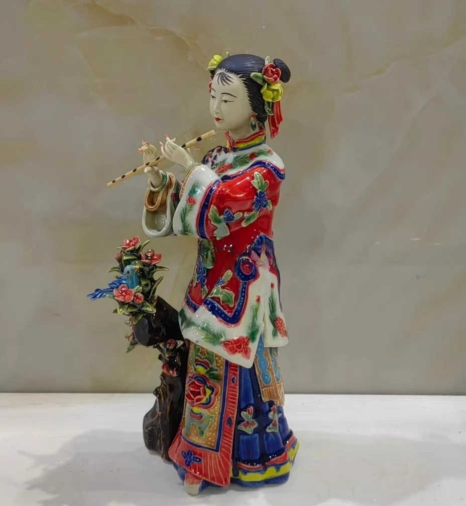 Shiwan doll ceramic flute lady handmade decorative ornament Chinese hotel showroom art school student musical instrument