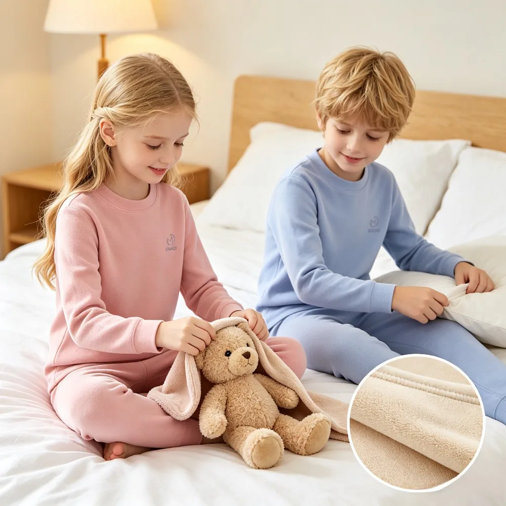 Kids Thermal Underwear Set  Fleece Thick Warm Inner Round Neck Long Sleeve Sleepwear Elastic Waist Winter Layering Loungewear