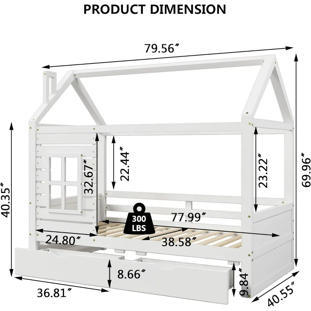 Kids House Bed with 2 Drawers,Wooden Platform Twin Bed Frame with Window and Roof for Bedroom,Twin Size Kid Playhouse Bed