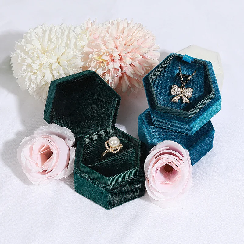 

Double Ring Storage Box Hexagon Shape Velvet Jewelry Box Woman Gift Earrings Package Case Wedding Ring Display Packaging Box