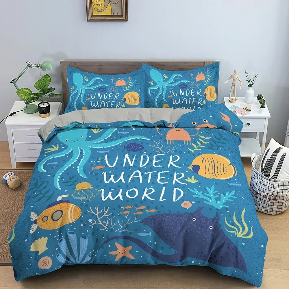 Cartoon Pattern Sea Animals Underwater World Comfortable Duvet Quilt Cover Pillowcase Bedding Set Children Bedroom Home Textile