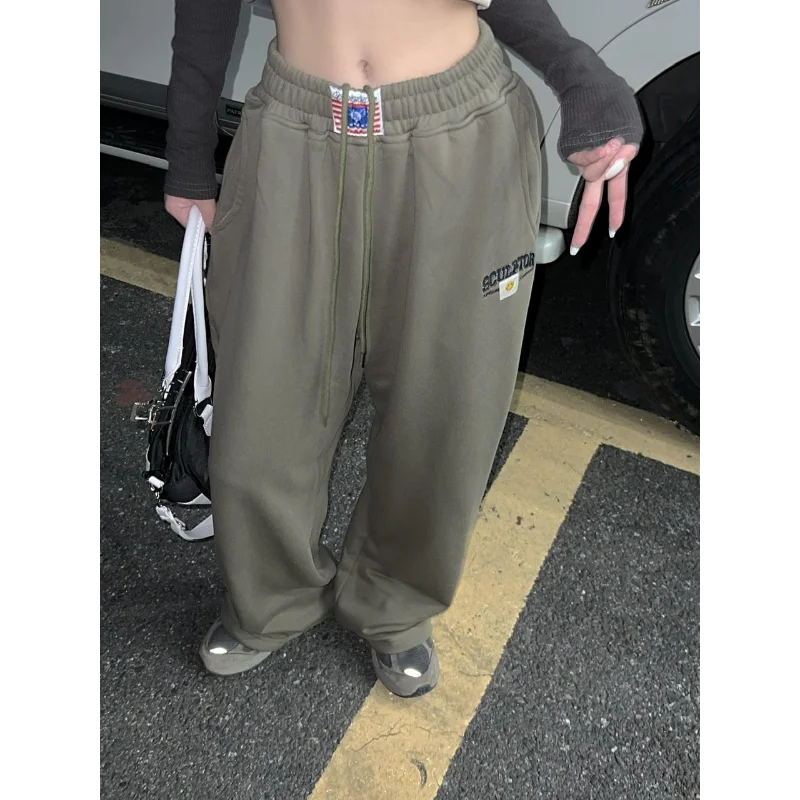 American Retro Cuffed Pants Women Summer High Waist Straight Wide Leg Casual Sport Pants