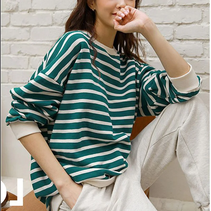 Fashion O-Neck Spliced Loose Korean Striped T-Shirt Female Clothing 2023 Autumn New Casual Pullovers All-match Commute Tee Shirt