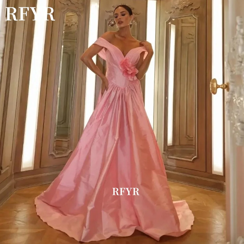 

RFYR 3D Flowers Evening Dress Off Shoulder Prom Dress with Pleated Celebrity Dresses for Women vestidos de fiesta Customized
