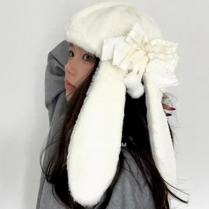 3672 Sweet Lolita Beret Cap For Women Winter Warm Rabbit Bunny Ears Hats Lolita Bunny Ears Warm Kawaii Plush Hat Scarf Gloves Cap  main image 4