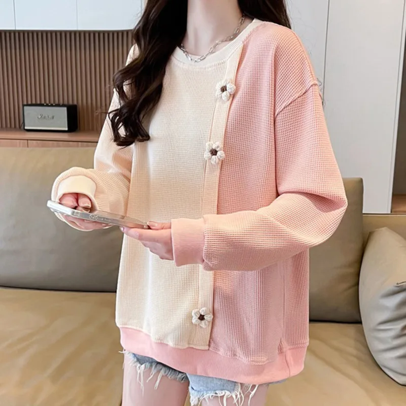 2024 Autumn Sweet Applique Floral Women Pullovers Kawaii Patchwork Colors Drop Long Sleeve Hoodies Female Casual Streetwear