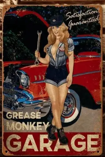 GREASE MONKEY GARAGE METAL TIN SIGN SIGN SEXY BLOND SATISFACTION GARAGE DECOR