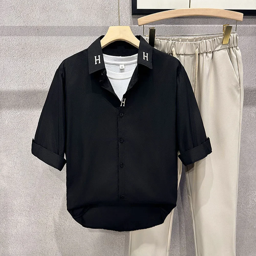 Casual Outings Button Up Short Sleeves No Ironing Shirt Comfortable Breathable Ice Silk Shirt Button Black Brand New Condition
