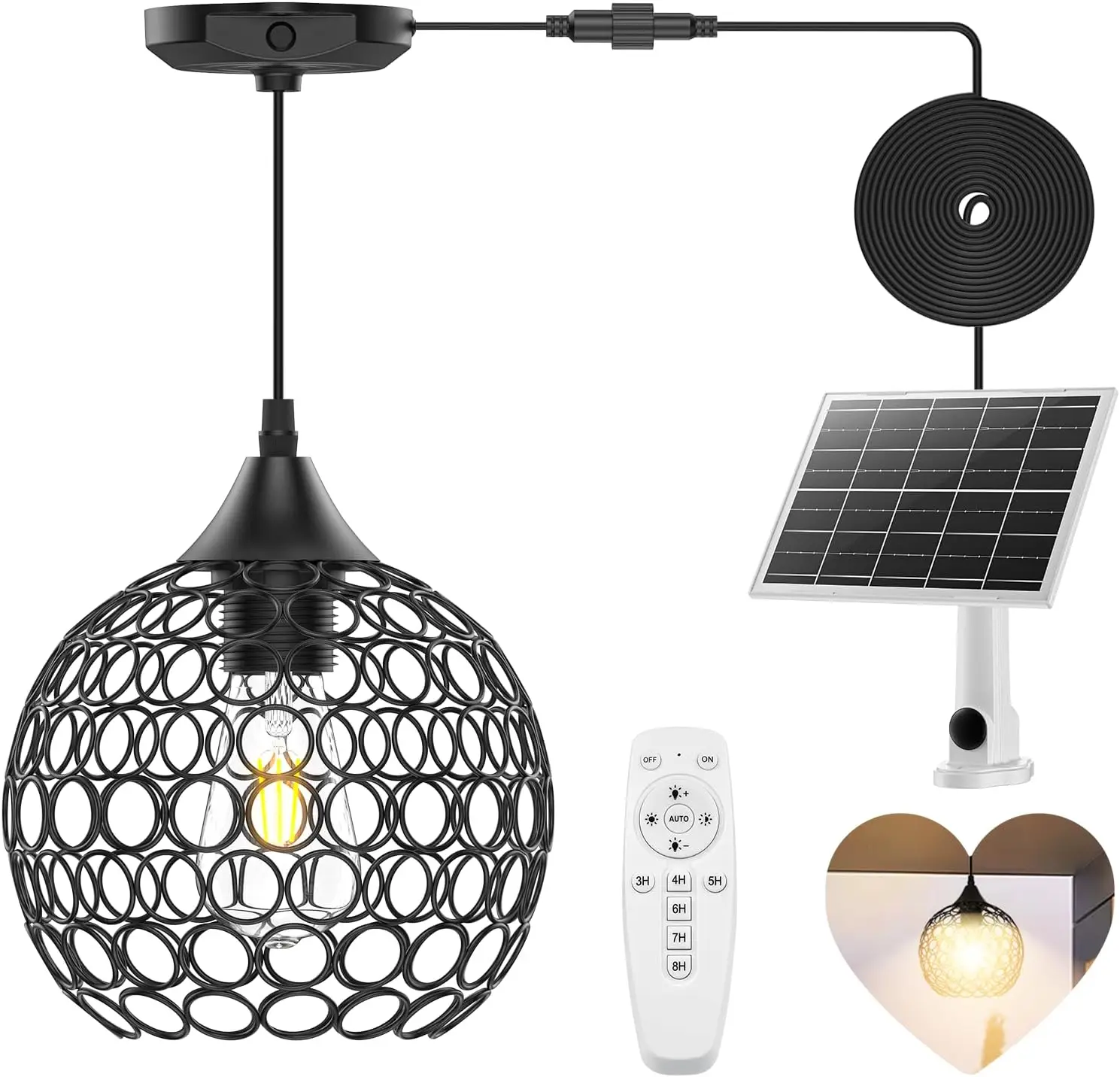 

Vintage Solar Chandelier, Dimmable 2700K Indoor/Outdoor Pendant Lantern with Remote & Timer