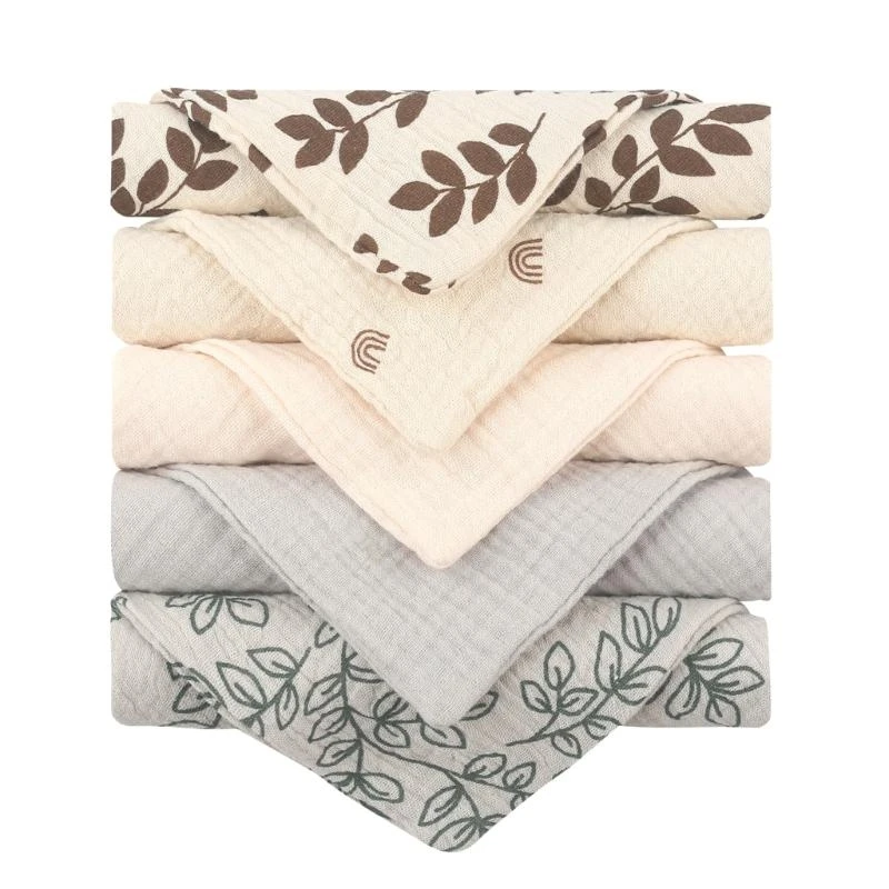 

D0JC Baby Square Face Towel Infant Drooling Bibs Wash Cloth Cotton Muslin-Handkerchief Skin Friendly Nursing Burp Cloth 5PCS