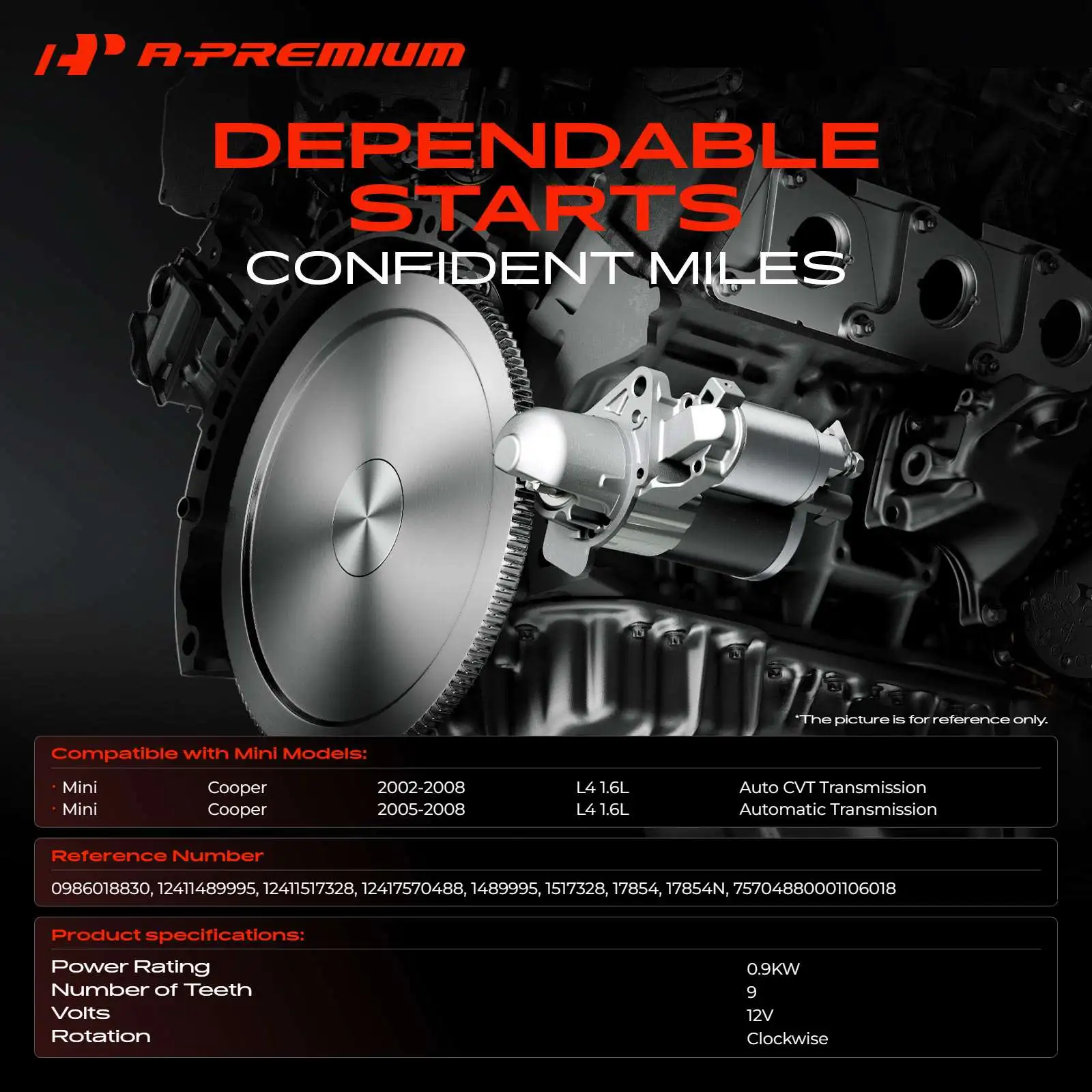 A-Premium Starter Motor for Mini Cooper 2002 2003 2004 2005 2006 2007 2008