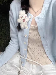 Blue Short Knitted Sweater Coat Cardigan Women's Early Autumn Tea System Matching Small Size 2024 New Arrival Sweet Style