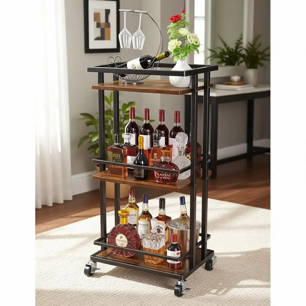 

Трехъярусная тележка-бар на колесах для дома, сервировочная тележка, идеально подходит для вечеринок с вином и напитками, тумба для хранения в кухне