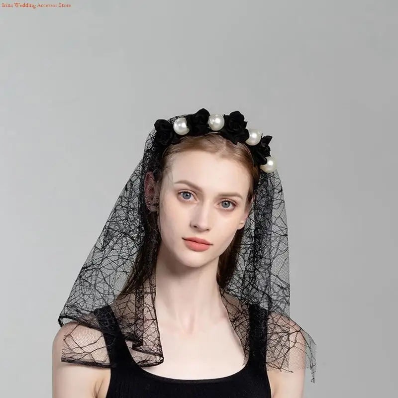 G92D Artificial Flowers Lace Veil Hair Hoop Halloween Headband for Street