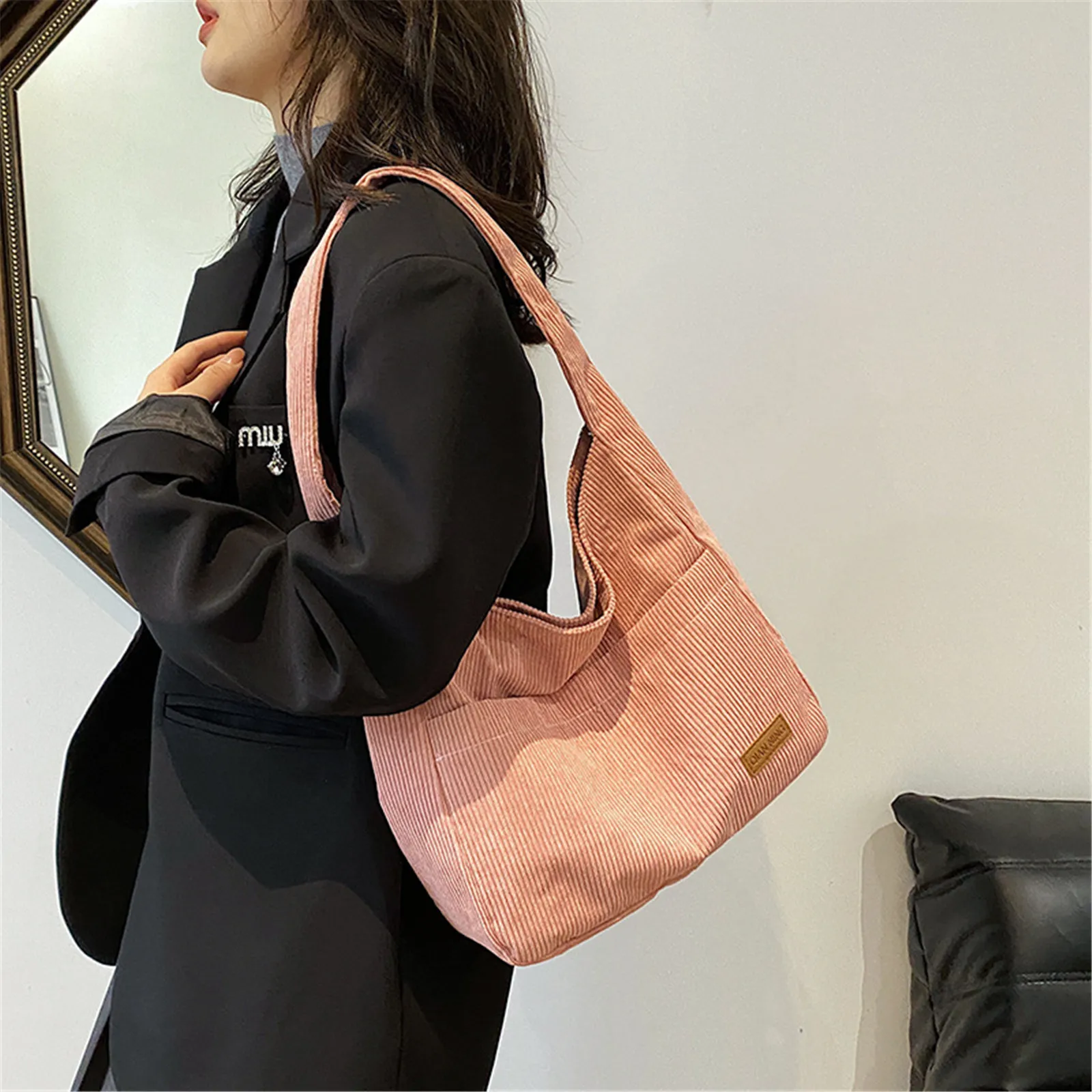 Solid Color Canvas Shoulder Bag Corduroy Tote Handbag Shoulder Bag Women Girls Shoulder Bag Tote Bag Handbag Canvas Corduroy Bag