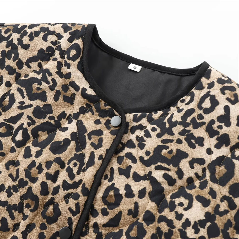 PB&ZA2024 autumn new women\'s clothing style slim fit warm loose leopard print round neck cotton jacket top