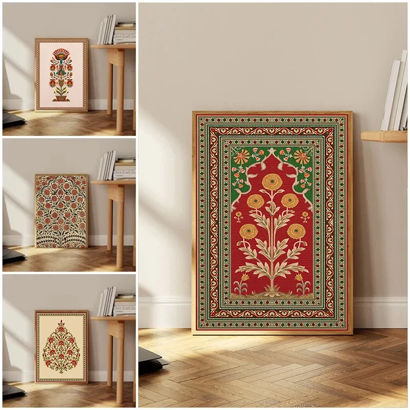 Indian Folk Art Persian Floral Print Poster Vintage Tree of Life Lotus Flower Canvas Painting Wall Picture Home Decor Cuadros