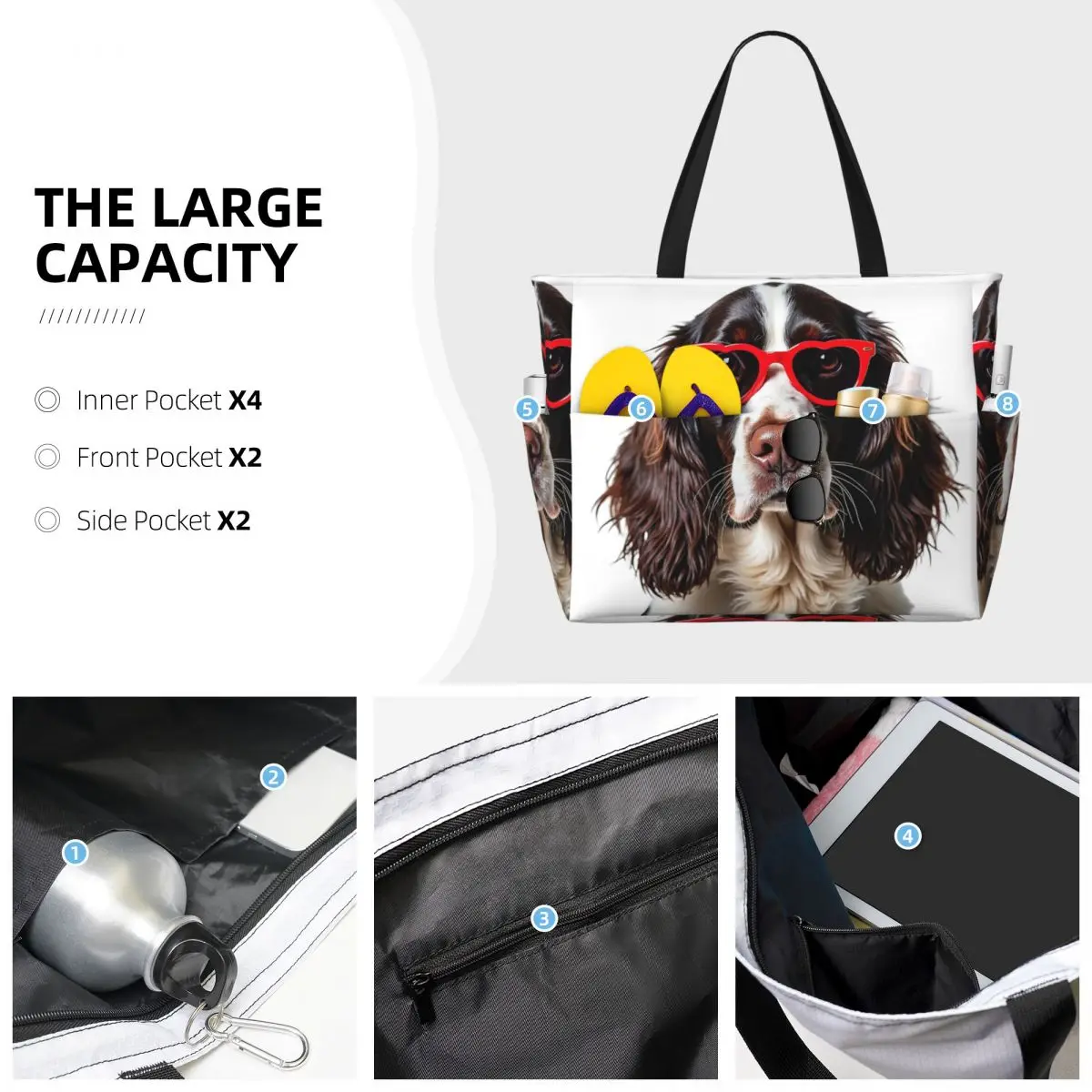 Inglês springer spaniel cão vestindo um coração forma óculos de sol praia sacola esporte yoga duffle grande sacola feminina saco de viagem