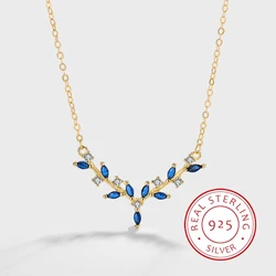 Classic Authentic S925 Silver Antler Elk Leaf Sapphire Geometric Pendant Necklace Jewelry for Women