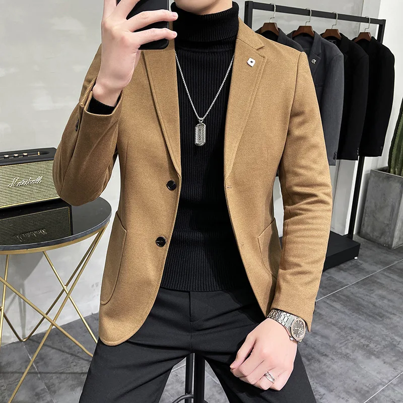 Europe and The United States in Autumn and Winter New Men's Woolen Single Suit Jacket Solid Color Casual Simple Two-button Suit.