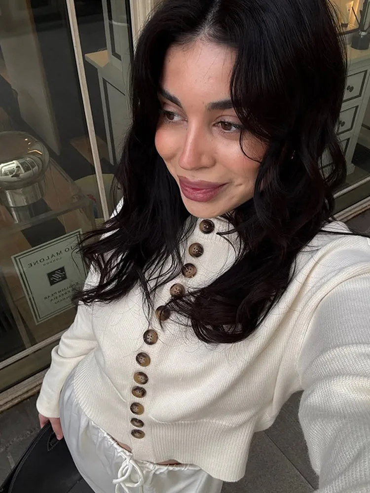 

White O Neck Cropped Knitted Cardigan Women Csaual Single Breasted Long Sleeve Sweater Coat Daily New Ladies Commuting Knit Tops